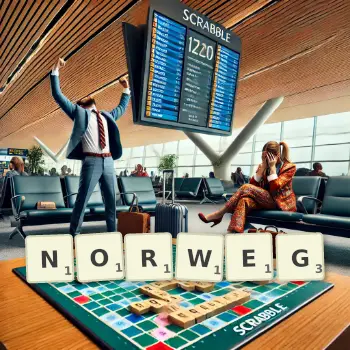 Kreatywna ilustracja do gry w Scrabble ze słowem NORWEG ułożonym z płytek na planszy.