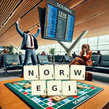 Kreatywna ilustracja do gry w Scrabble ze słowem NORWEGI ułożonym z płytek na planszy.