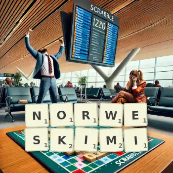 Kreatywna ilustracja do gry w Scrabble ze słowem NORWESKIMI ułożonym z płytek na planszy.
