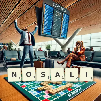 Kreatywna ilustracja do gry w Scrabble ze słowem NOSALI ułożonym z płytek na planszy.