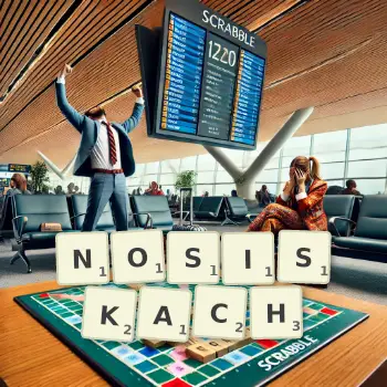 Kreatywna ilustracja do gry w Scrabble ze słowem NOSISKACH ułożonym z płytek na planszy.
