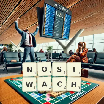 Kreatywna ilustracja do gry w Scrabble ze słowem NOSIWACH ułożonym z płytek na planszy.