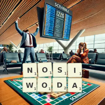 Kreatywna ilustracja do gry w Scrabble ze słowem NOSIWODA ułożonym z płytek na planszy.