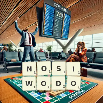 Kreatywna ilustracja do gry w Scrabble ze słowem NOSIWODO ułożonym z płytek na planszy.