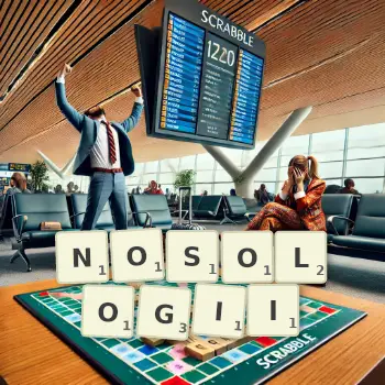 Kreatywna ilustracja do gry w Scrabble ze słowem NOSOLOGII ułożonym z płytek na planszy.