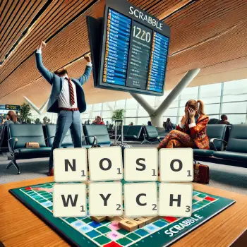 Kreatywna ilustracja do gry w Scrabble ze słowem NOSOWYCH ułożonym z płytek na planszy.