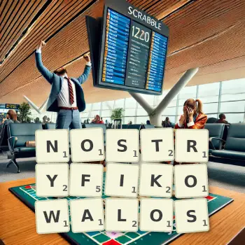 Kreatywna ilustracja do gry w Scrabble ze słowem NOSTRYFIKOWALOS ułożonym z płytek na planszy.