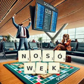 Kreatywna ilustracja do gry w Scrabble ze słowem NOSÓWEK ułożonym z płytek na planszy.