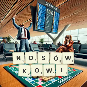 Kreatywna ilustracja do gry w Scrabble ze słowem NOSÓWKOWI ułożonym z płytek na planszy.