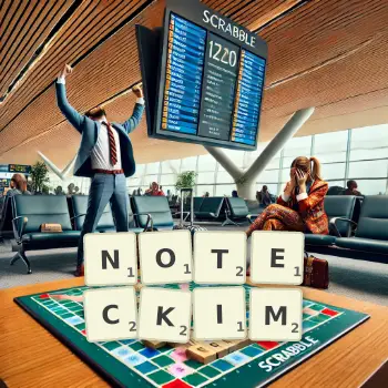 Kreatywna ilustracja do gry w Scrabble ze słowem NOTECKIM ułożonym z płytek na planszy.