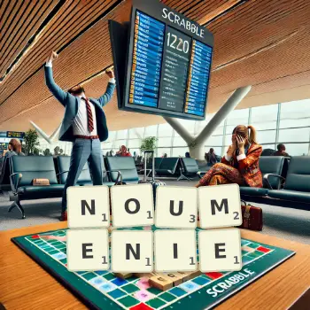 Kreatywna ilustracja do gry w Scrabble ze słowem NOUMENIE ułożonym z płytek na planszy.