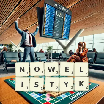 Kreatywna ilustracja do gry w Scrabble ze słowem NOWELISTYK ułożonym z płytek na planszy.