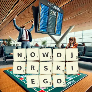 Kreatywna ilustracja do gry w Scrabble ze słowem NOWOJORSKIEGO ułożonym z płytek na planszy.