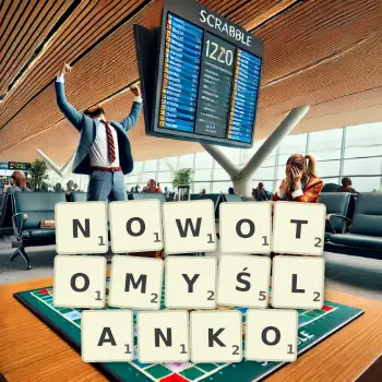 Kreatywna ilustracja do gry w Scrabble ze słowem NOWOTOMYŚLANKO ułożonym z płytek na planszy.