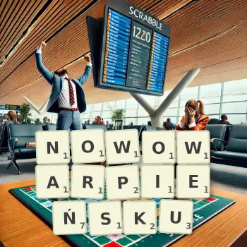 Kreatywna ilustracja do gry w Scrabble ze słowem NOWOWARPIEŃSKU ułożonym z płytek na planszy.