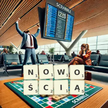 Kreatywna ilustracja do gry w Scrabble ze słowem NOWOŚCIĄ ułożonym z płytek na planszy.