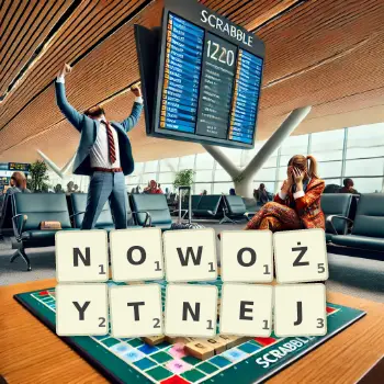 Kreatywna ilustracja do gry w Scrabble ze słowem NOWOŻYTNEJ ułożonym z płytek na planszy.