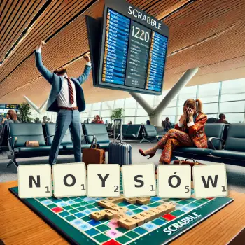 Kreatywna ilustracja do gry w Scrabble ze słowem NOYSÓW ułożonym z płytek na planszy.