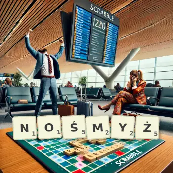 Kreatywna ilustracja do gry w Scrabble ze słowem NOŚMYŻ ułożonym z płytek na planszy.
