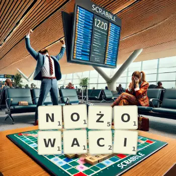 Kreatywna ilustracja do gry w Scrabble ze słowem NOŻOWACI ułożonym z płytek na planszy.