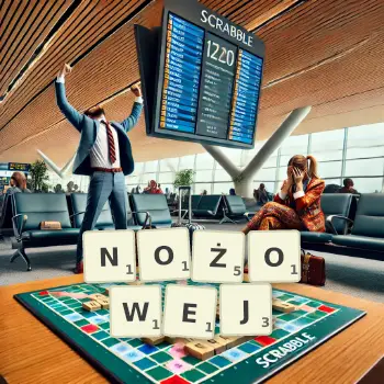 Kreatywna ilustracja do gry w Scrabble ze słowem NOŻOWEJ ułożonym z płytek na planszy.