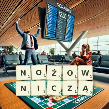 Kreatywna ilustracja do gry w Scrabble ze słowem NOŻOWNICZĄ ułożonym z płytek na planszy.