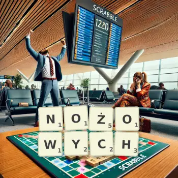 Kreatywna ilustracja do gry w Scrabble ze słowem NOŻOWYCH ułożonym z płytek na planszy.