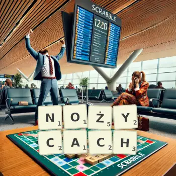 Kreatywna ilustracja do gry w Scrabble ze słowem NOŻYCACH ułożonym z płytek na planszy.