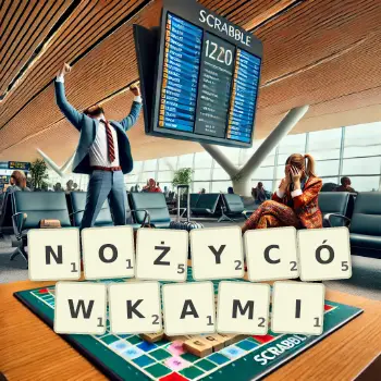 Kreatywna ilustracja do gry w Scrabble ze słowem NOŻYCÓWKAMI ułożonym z płytek na planszy.