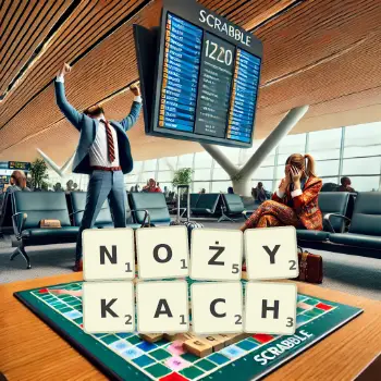 Kreatywna ilustracja do gry w Scrabble ze słowem NOŻYKACH ułożonym z płytek na planszy.