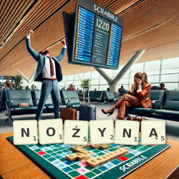 Kreatywna ilustracja do gry w Scrabble ze słowem NOŻYNĄ ułożonym z płytek na planszy.