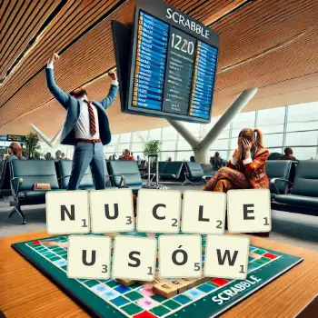 Kreatywna ilustracja do gry w Scrabble ze słowem NUCLEUSÓW ułożonym z płytek na planszy.