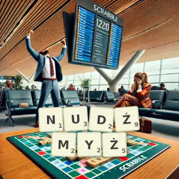 Kreatywna ilustracja do gry w Scrabble ze słowem NUDŹMYŻ ułożonym z płytek na planszy.