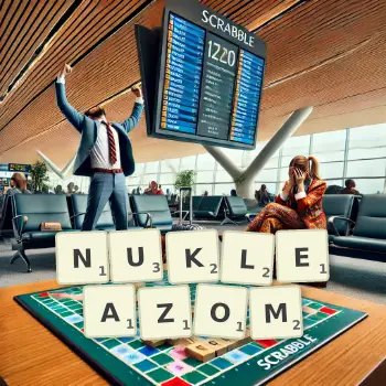 Kreatywna ilustracja do gry w Scrabble ze słowem NUKLEAZOM ułożonym z płytek na planszy.
