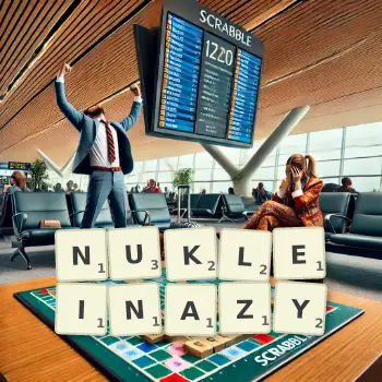 Kreatywna ilustracja do gry w Scrabble ze słowem NUKLEINAZY ułożonym z płytek na planszy.