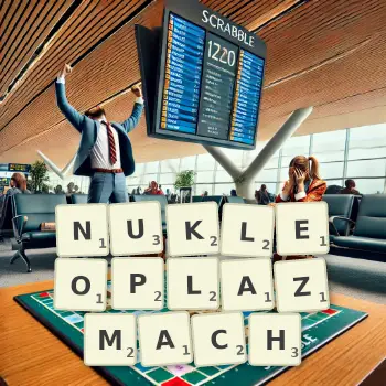 Kreatywna ilustracja do gry w Scrabble ze słowem NUKLEOPLAZMACH ułożonym z płytek na planszy.