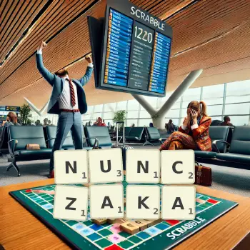 Kreatywna ilustracja do gry w Scrabble ze słowem NUNCZAKA ułożonym z płytek na planszy.