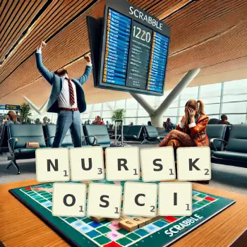 Kreatywna ilustracja do gry w Scrabble ze słowem NURSKOSCI ułożonym z płytek na planszy.