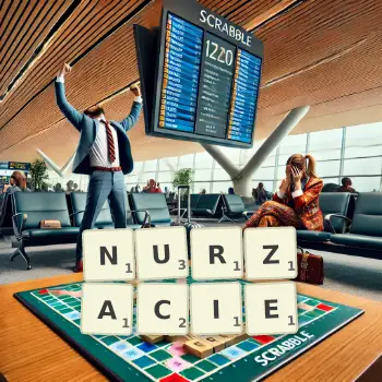 Kreatywna ilustracja do gry w Scrabble ze słowem NURZACIE ułożonym z płytek na planszy.