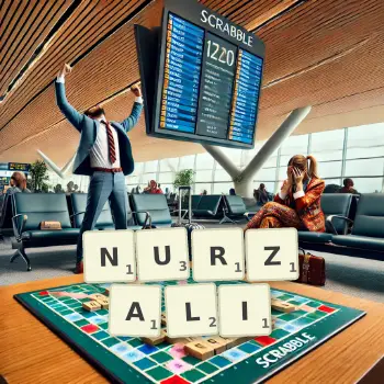 Kreatywna ilustracja do gry w Scrabble ze słowem NURZALI ułożonym z płytek na planszy.