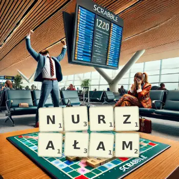Kreatywna ilustracja do gry w Scrabble ze słowem NURZAŁAM ułożonym z płytek na planszy.
