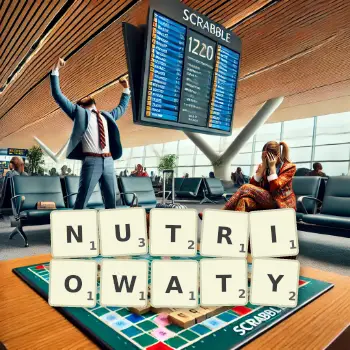 Kreatywna ilustracja do gry w Scrabble ze słowem NUTRIOWATY ułożonym z płytek na planszy.