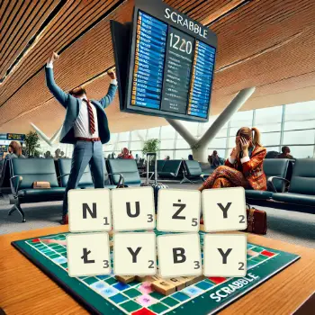 Kreatywna ilustracja do gry w Scrabble ze słowem NUŻYŁYBY ułożonym z płytek na planszy.