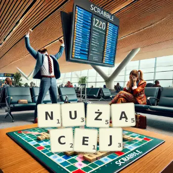Kreatywna ilustracja do gry w Scrabble ze słowem NUŻĄCEJ ułożonym z płytek na planszy.