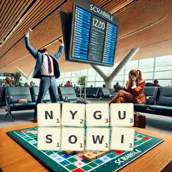 Kreatywna ilustracja do gry w Scrabble ze słowem NYGUSOWI ułożonym z płytek na planszy.