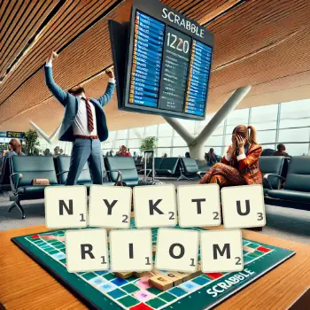Kreatywna ilustracja do gry w Scrabble ze słowem NYKTURIOM ułożonym z płytek na planszy.
