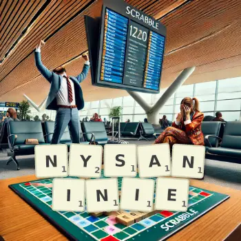Kreatywna ilustracja do gry w Scrabble ze słowem NYSANINIE ułożonym z płytek na planszy.