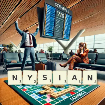 Kreatywna ilustracja do gry w Scrabble ze słowem NYSIAN ułożonym z płytek na planszy.