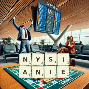 Kreatywna ilustracja do gry w Scrabble ze słowem NYSIANIE ułożonym z płytek na planszy.