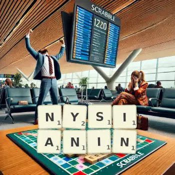 Kreatywna ilustracja do gry w Scrabble ze słowem NYSIANIN ułożonym z płytek na planszy.